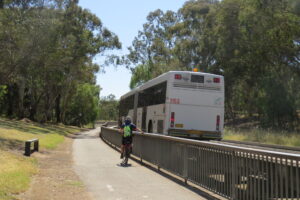 O-Bahn bus passes cyclist on the trail at Walkerville [2024]