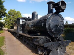 Steam locomotive on display near the bridge, complete with indigenous artwork. (Garry Long 2018)