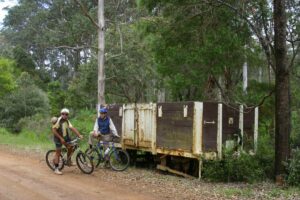 Old railway wagon at the site of the former Denmark Station next to the river