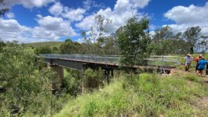 The Slab Creek Bridge being re-decked and fenced [Goebel 2025]