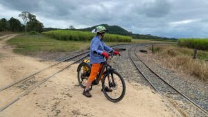 The current easterly end of the rail trail at Benholme, now used by the cane railway [2025]