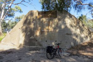 The trail crosses the Rocky River south of Wirrabara using the stone base of the old railway bridge [2023]