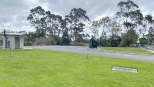 Trail hub and bus stop at Bena with recently completed toilets [2025]