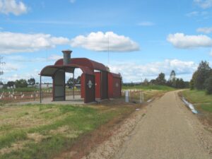 Locomotive-themed shelter at Bowser is first of many along the way [2009]