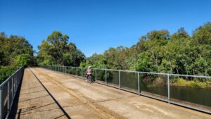 The Wodonga Creek bridge across to the Murray River and its floodplains, known as Gateway Island. This was the former double track main line that has been relocated to the north. [2025]